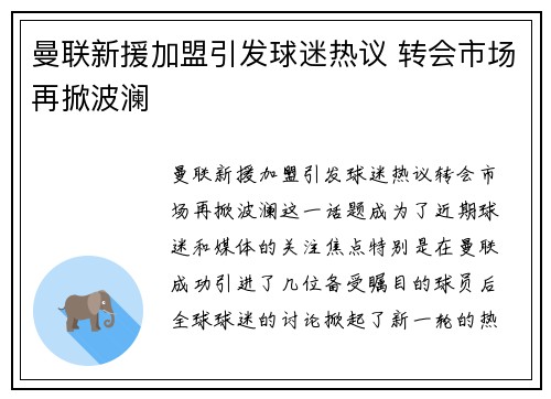 曼联新援加盟引发球迷热议 转会市场再掀波澜